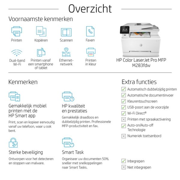 HP Color LaserJet Pro MFP M283fdw, Printen, kopiëren, scannen, faxen, Printen via USB-poort aan voorzijde; Scannen naar e-mail; Dubbelzijdig printen; ADF voor 50 vel ongekruld - Afbeelding 18