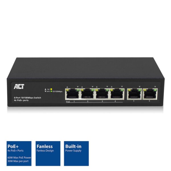 ACT AC4430 6-Poorts 10/100Mbps Switch | 4x PoE+ poorten - Afbeelding 3