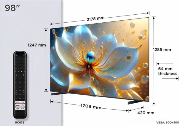 TCL 98T8C 98” | Grote 4K QLED Smart TV | Supersnel 144Hz & Dolby Vision | Google TV + WiFi - Afbeelding 8