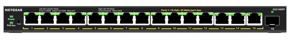 NETGEAR GS316EPP-100PES | Managed Smart Switch | 16 Poorten | Gigabit Ethernet (10/100/1000 Mbps) | PoE+ (231W) | 1x SFP | VLAN/QoS | Fanless