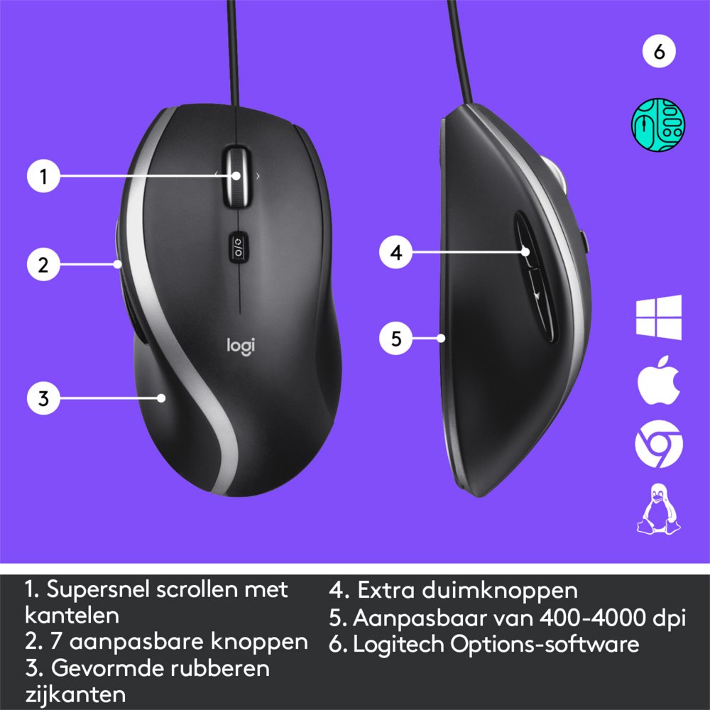 Logitech M500s Advanced | Bekabelde Muis | Rechtshandig | USB-A | 4000 DPI | Zwart/Zilver - Afbeelding 6
