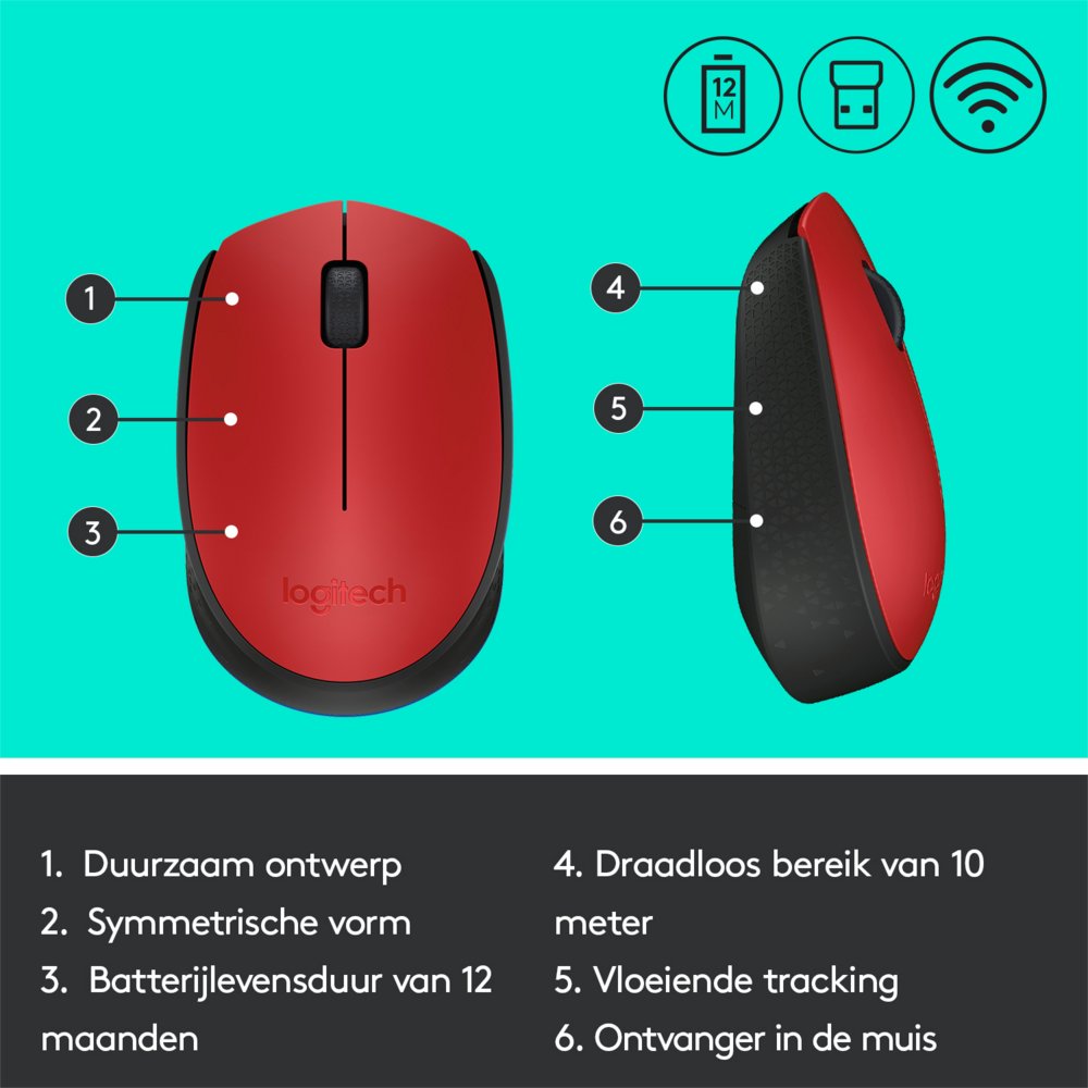 Logitech M171 | Draadloze Muis | Links- en Rechtshandig | RF | 1000 DPI | Rood/Zwart - Afbeelding 9