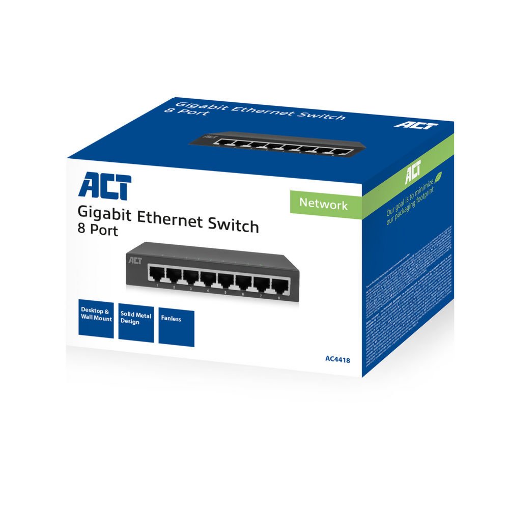 ACT AC4418 | Unmanaged Switch | 8 Poorten | Gigabit Ethernet | Grijs | Plug & Play - Afbeelding 3