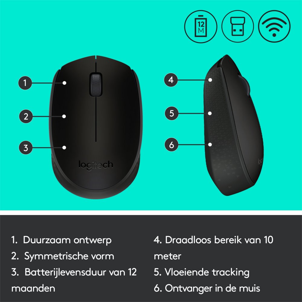 Logitech M171 | Draadloze Muis | Links- en Rechtshandig | RF | 1000 DPI | Zwart - Afbeelding 9