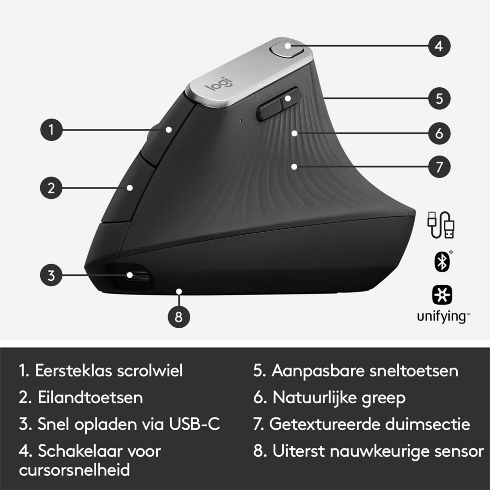 Logitech MX Vertical | Draadloze Ergonomische Muis | Rechtshandig | RF + Bluetooth + USB-C | 4000 DPI suggestie | Grafiet | RETURNED - Afbeelding 7