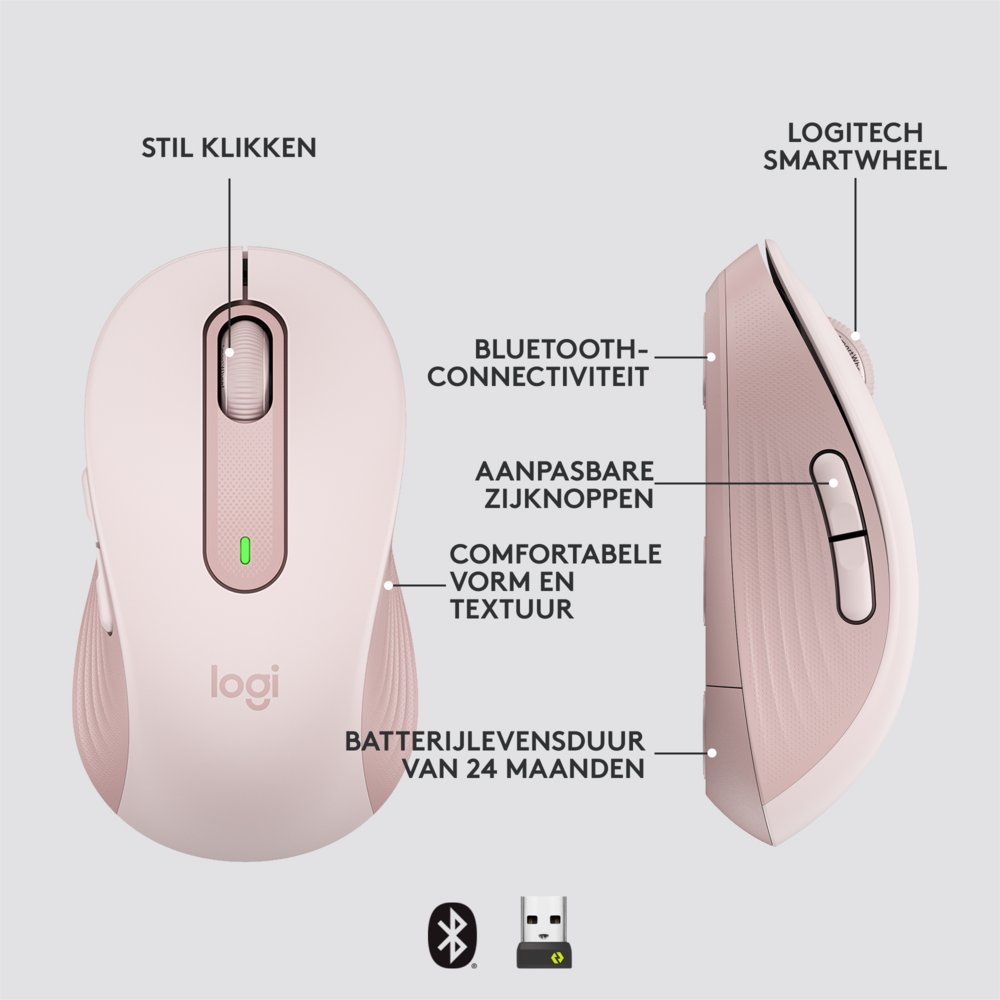 Logitech Signature M650 | Draadloze Muis | Rechtshandig | RF + Bluetooth | 2000 DPI | Roze - Afbeelding 12