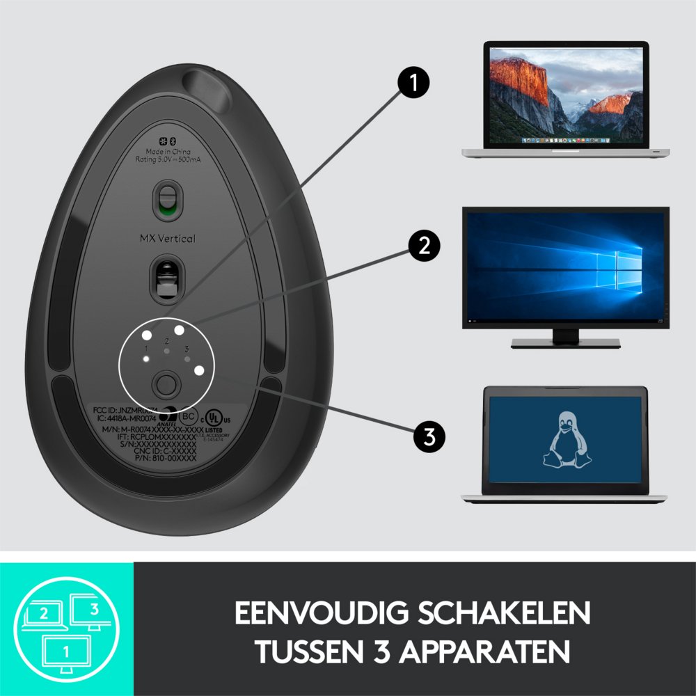 Logitech MX Vertical | Draadloze Ergonomische Muis | Rechtshandig | RF + Bluetooth + USB-C | 4000 DPI suggestie | Grafiet | RETURNED - Afbeelding 9