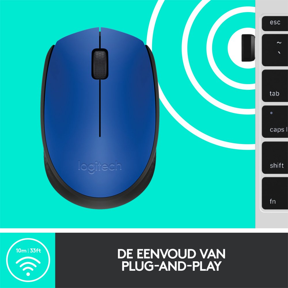 Logitech M171 | Draadloze Muis | Links- en Rechtshandig | RF | 1000 DPI | Zwart/Blauw - Afbeelding 7