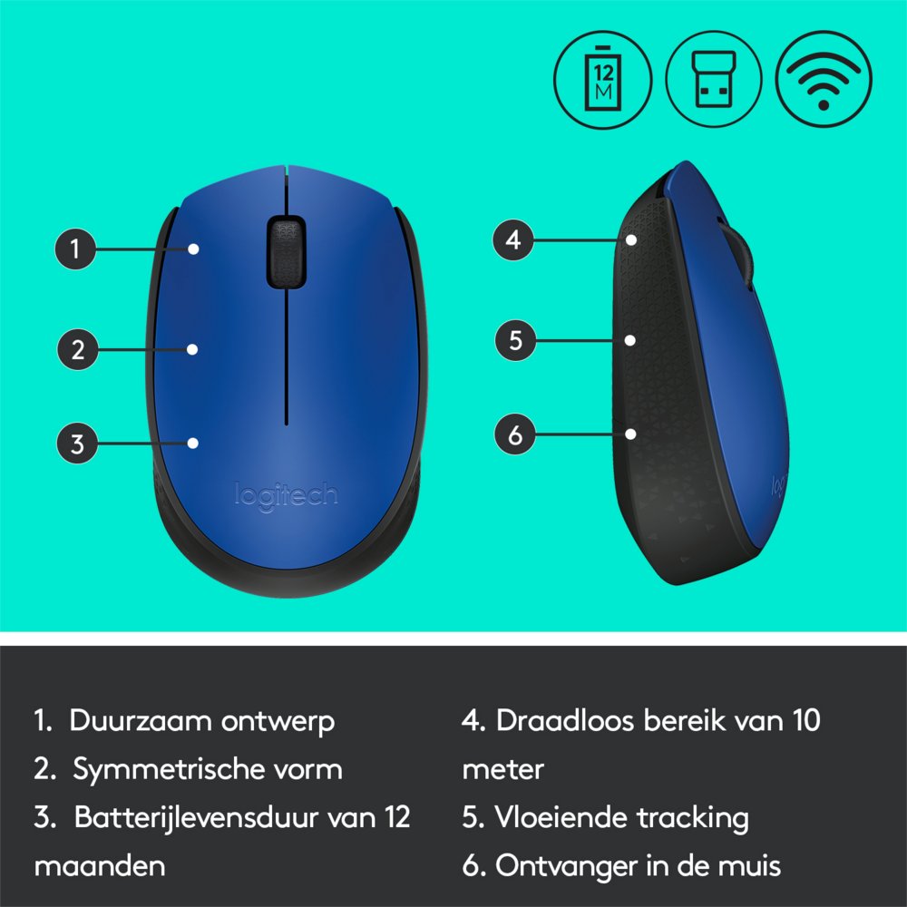 Logitech M171 | Draadloze Muis | Links- en Rechtshandig | RF | 1000 DPI | Zwart/Blauw - Afbeelding 8