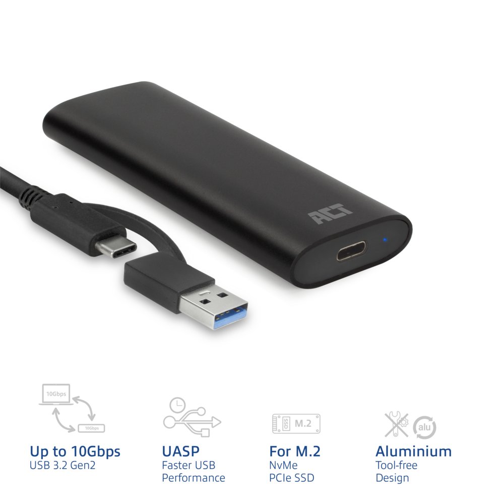 ACT AC1615 | USB-C M.2 NVMe/PCIe SSD Behuizing | Tool-Free | Aluminium | USB 3.2 Gen2 (10 Gbps) - Afbeelding 4