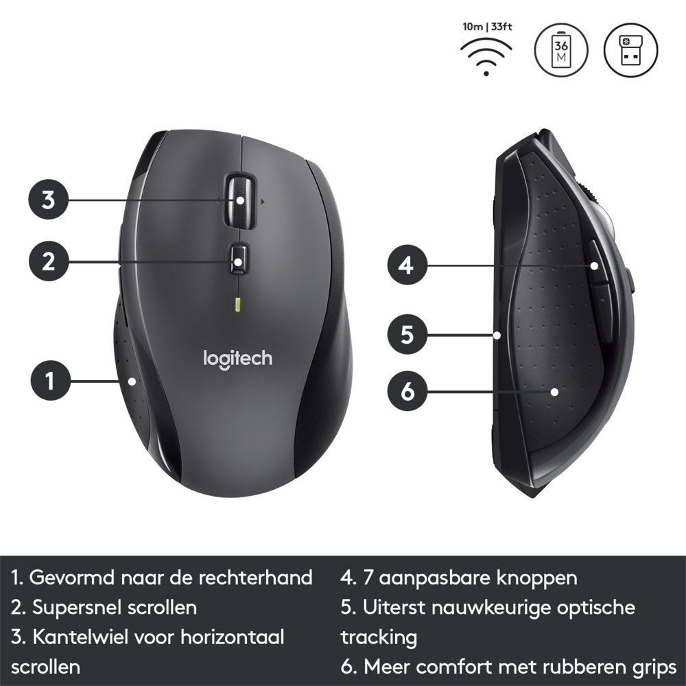 Logitech Marathon M705 | Draadloze Muis | Rechtshandig | RF | 1000 DPI | Zwart - Afbeelding 8