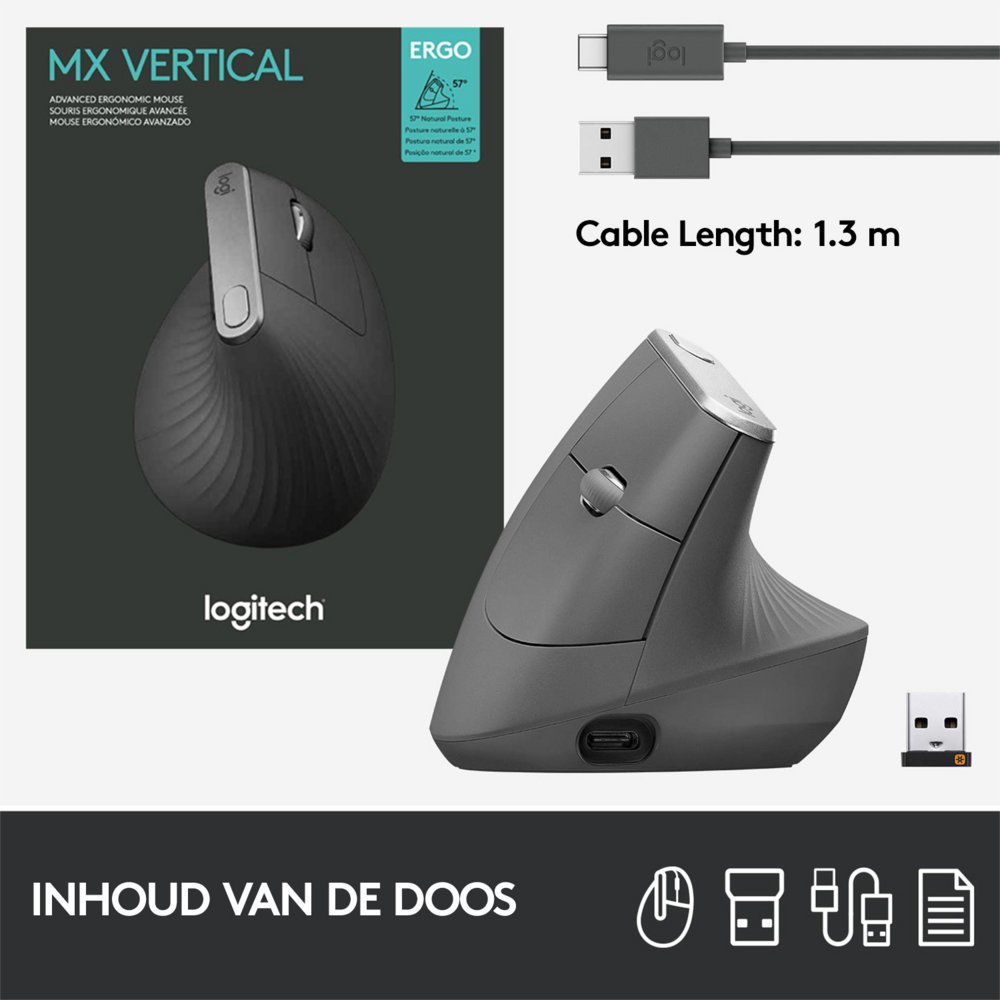 Logitech MX Vertical | Draadloze Ergonomische Muis | Rechtshandig | RF + Bluetooth + USB-C | 4000 DPI suggestie | Grafiet | RETURNED - Afbeelding 10