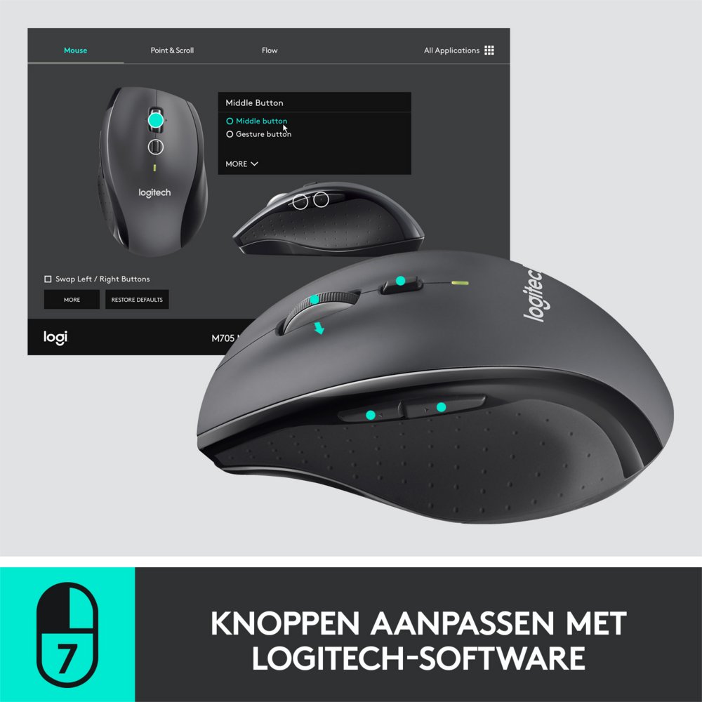 Logitech Marathon M705 | Draadloze Muis | Rechtshandig | RF | 1000 DPI | Zwart - Afbeelding 6