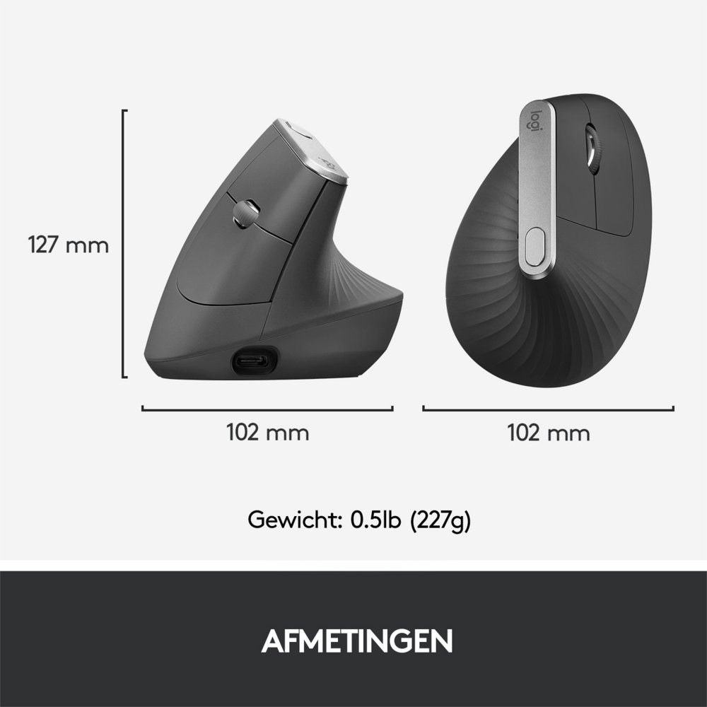 Logitech MX Vertical | Draadloze Ergonomische Muis | Rechtshandig | RF + Bluetooth + USB-C | 4000 DPI suggestie | Grafiet | RETURNED - Afbeelding 8