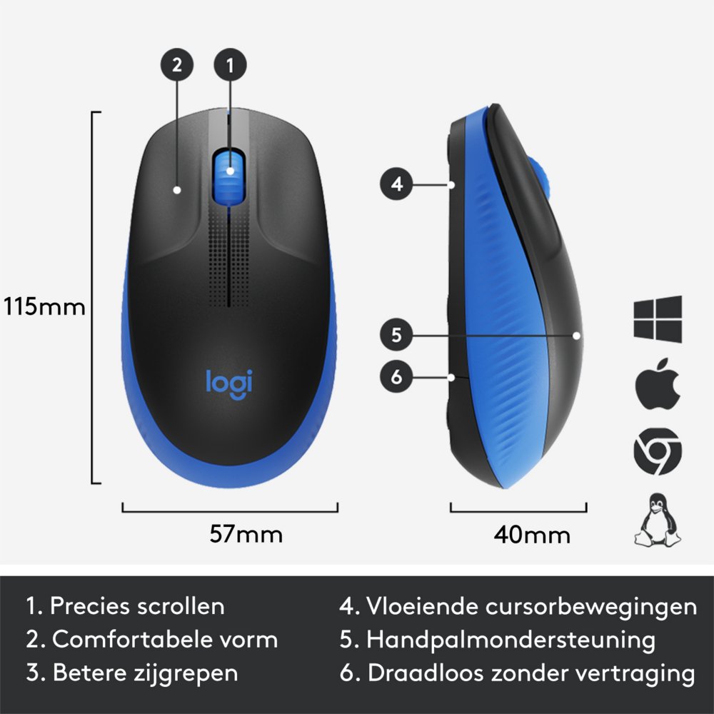 Logitech M190 | Draadloze Muis | Links- en Rechtshandig | RF | 1000 DPI | Zwart/Blauw - Afbeelding 11