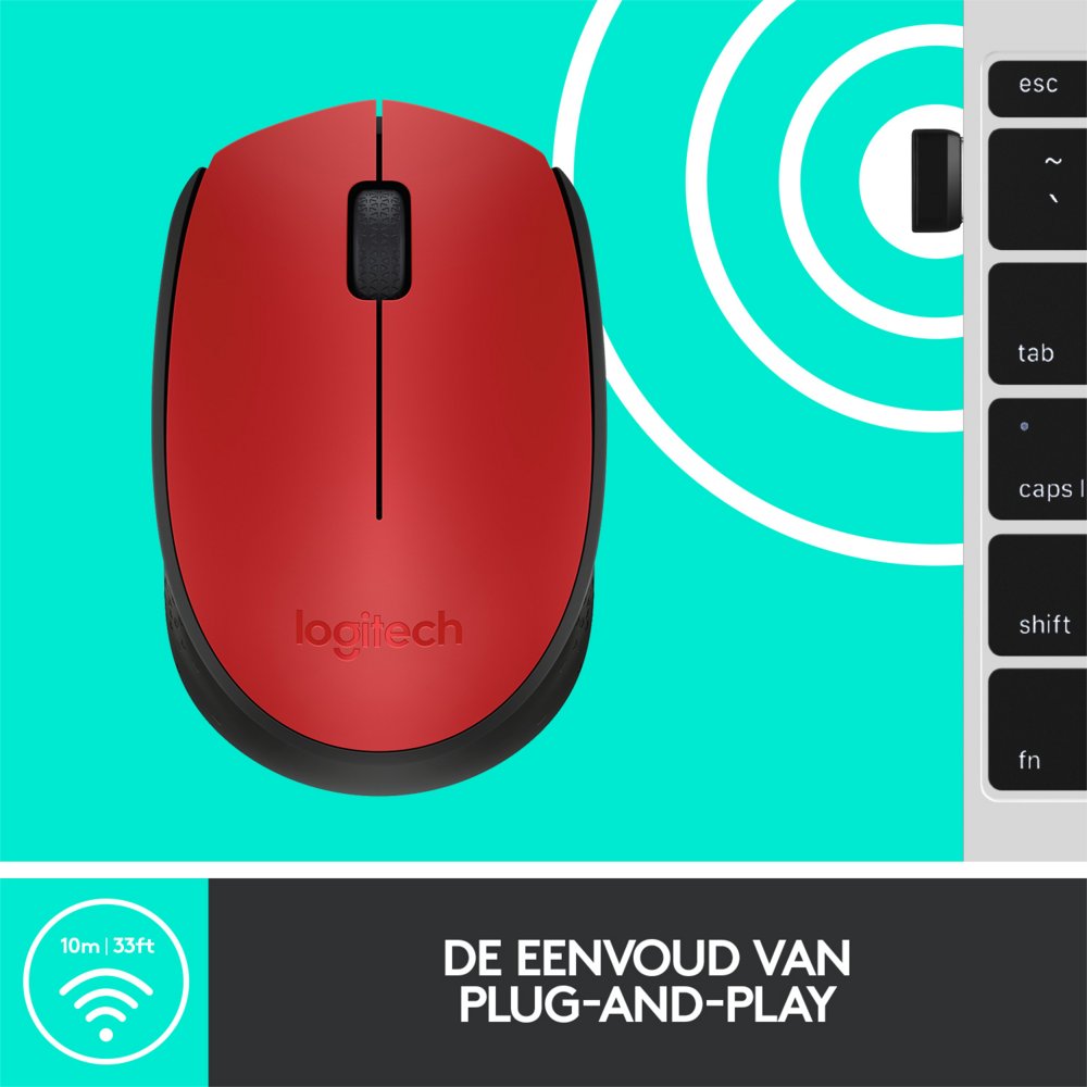 Logitech M171 | Draadloze Muis | Links- en Rechtshandig | RF | 1000 DPI | Rood/Zwart - Afbeelding 8