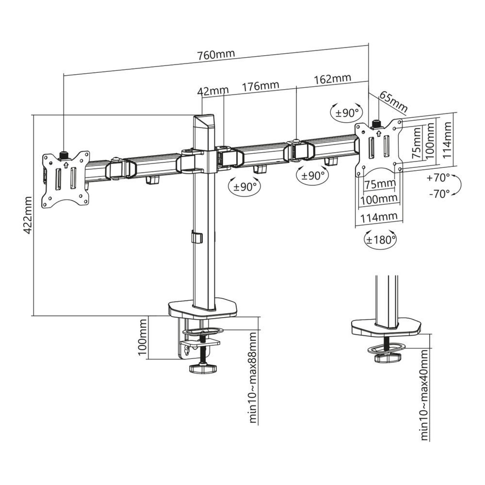 ACT AC8336 | Verstelbare Monitor-bureaubeugel | Tot 32" | Max 9kg | VESA 100x100 | 2 Monitoren - Afbeelding 9