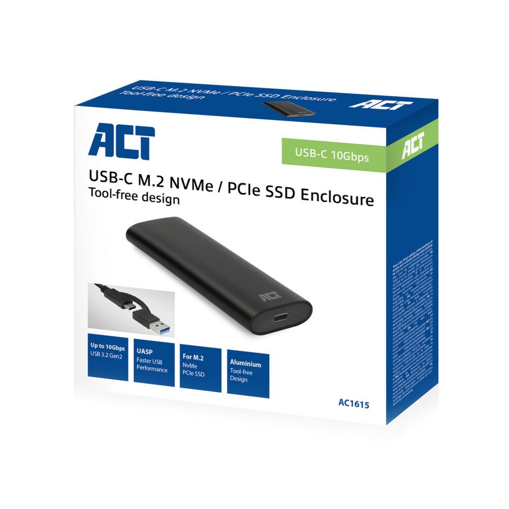 ACT AC1615 | USB-C M.2 NVMe/PCIe SSD Behuizing | Tool-Free | Aluminium | USB 3.2 Gen2 (10 Gbps) - Afbeelding 11