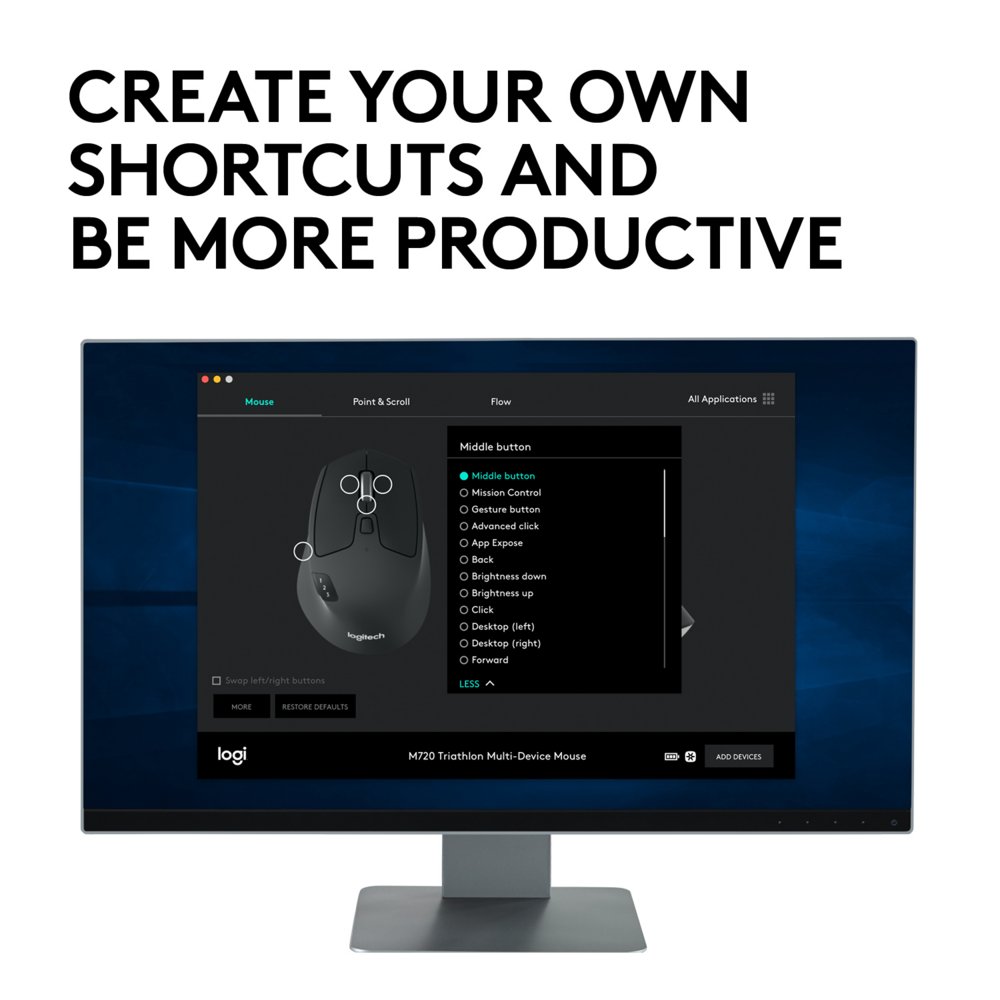 Logitech M720 Triathlon | Draadloze Muis | Rechtshandig | RF + Bluetooth | 1000 DPI | Zwart - Afbeelding 7