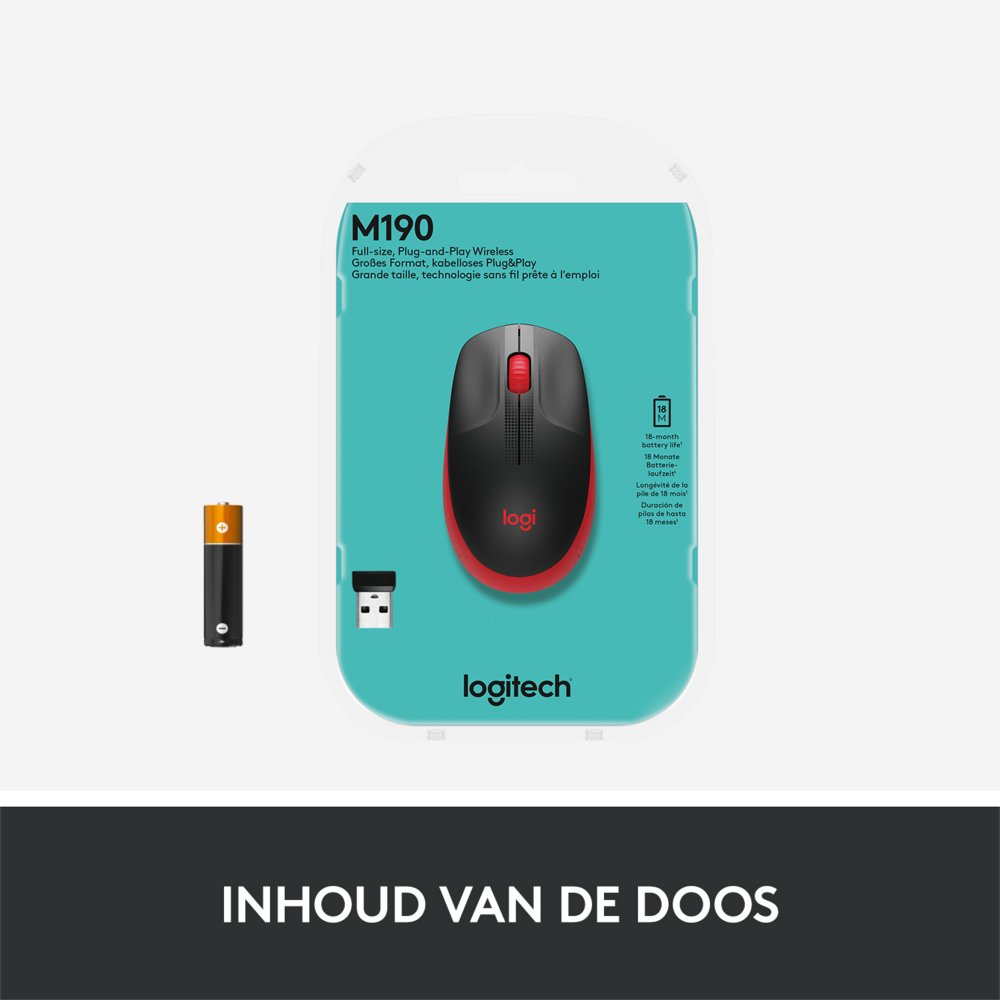 Logitech M190 | Draadloze Muis | Links- en Rechtshandig | RF | 1000 DPI | Zwart/Rood - Afbeelding 7