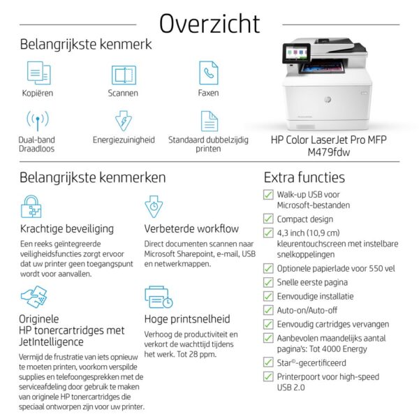 HP Color LaserJet Pro MFP M479fdw, Printen, kopiëren, scannen, fax, e-mail, Scannen naar e-mail/pdf; Dubbelzijdig printen; ADF voor 50 vel ongekruld - Afbeelding 8